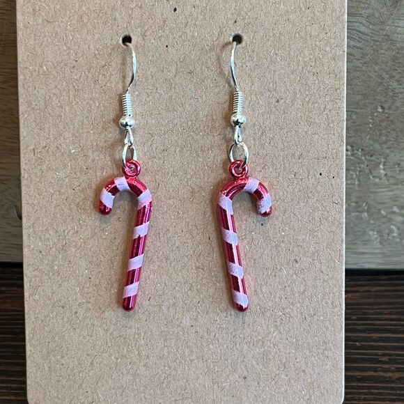 Handmade Candy Cane Dangle Fashion Earrings with Silver Tone Hardware NEW - Picture 1 of 1